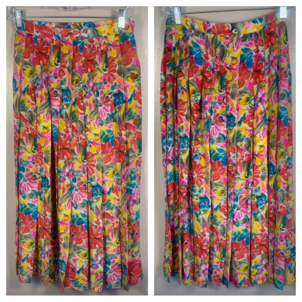 VTG Albert Nipon Boutique 100% Silk Pleated Floral Midi Skirt - Picture 1 of 11
